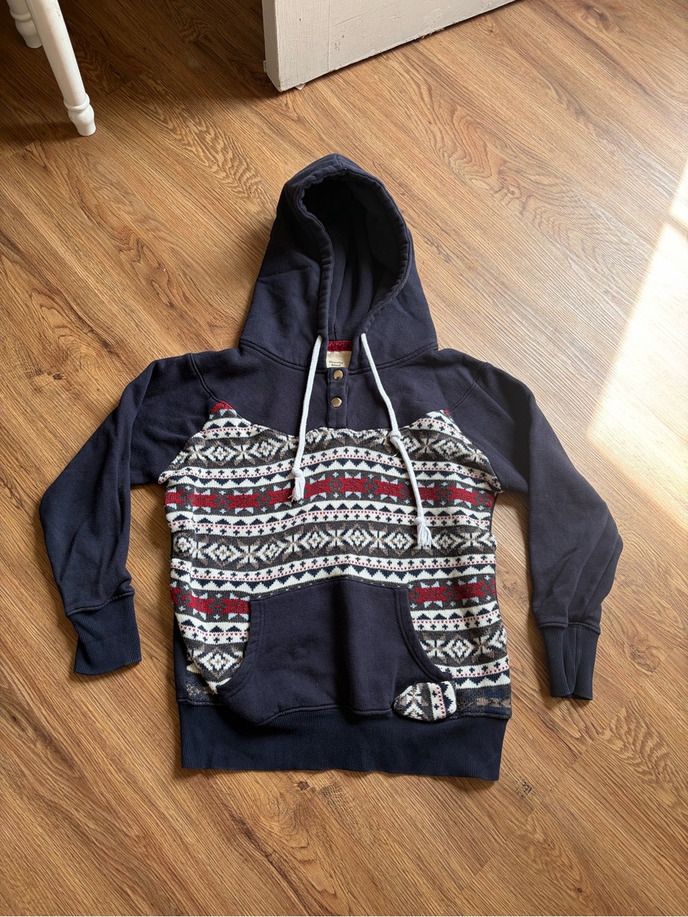 ❄️ Thursday Island Navy Fair Isle Knit Inset Button Hoodie Sweatshirt US S/KR 66